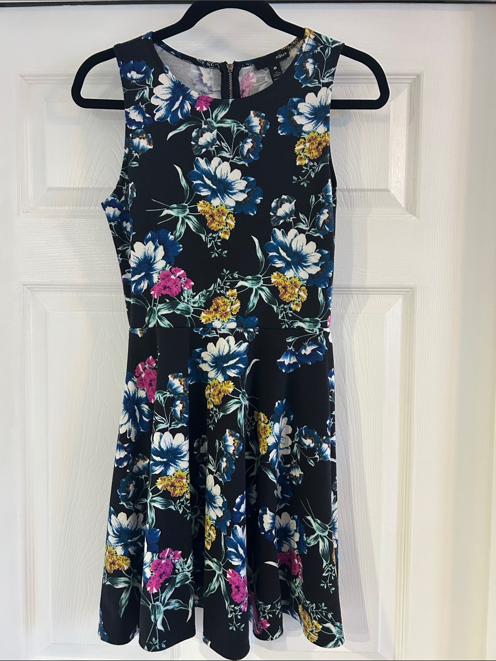 Aqua brand size small Floral Fit & Flare Dress Black with Blue & Yellow Blooms